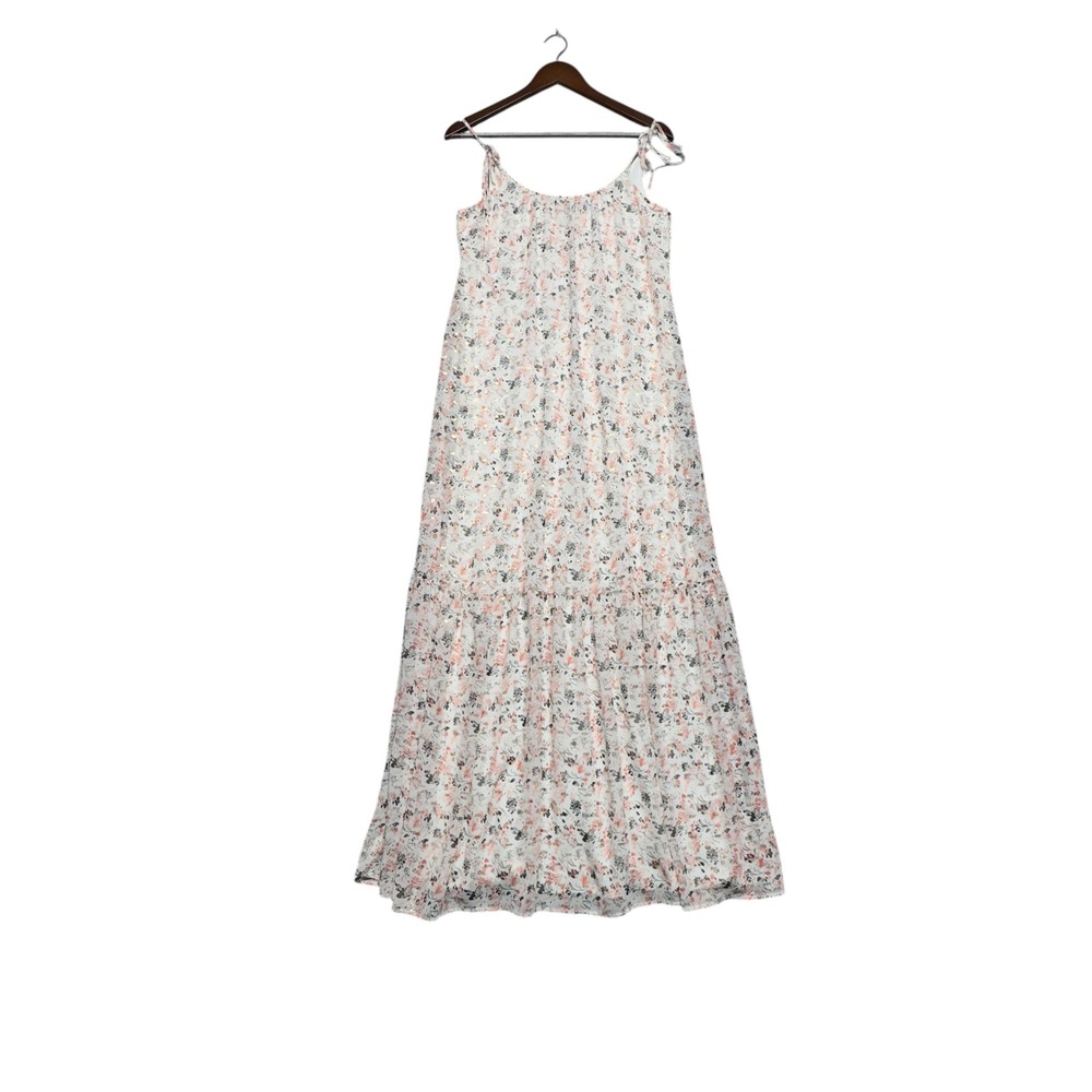 Express Floral Metallic‎ Print Tiered Maxi Dress XS Pink Gold Tie Strap Chiffon
